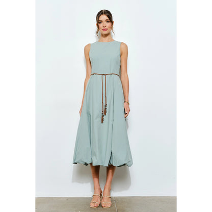 Balloon Hem Cotton Midi Dress with Braided Belt in Mint
