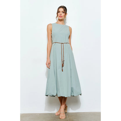 Balloon Hem Cotton Midi Dress with Braided Belt in Mint