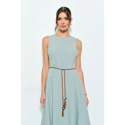 Balloon Hem Cotton Midi Dress with Braided Belt in Mint