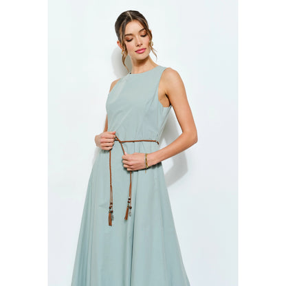 Balloon Hem Cotton Midi Dress with Braided Belt in Mint