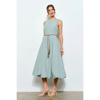 Balloon Hem Cotton Midi Dress with Braided Belt in Mint
