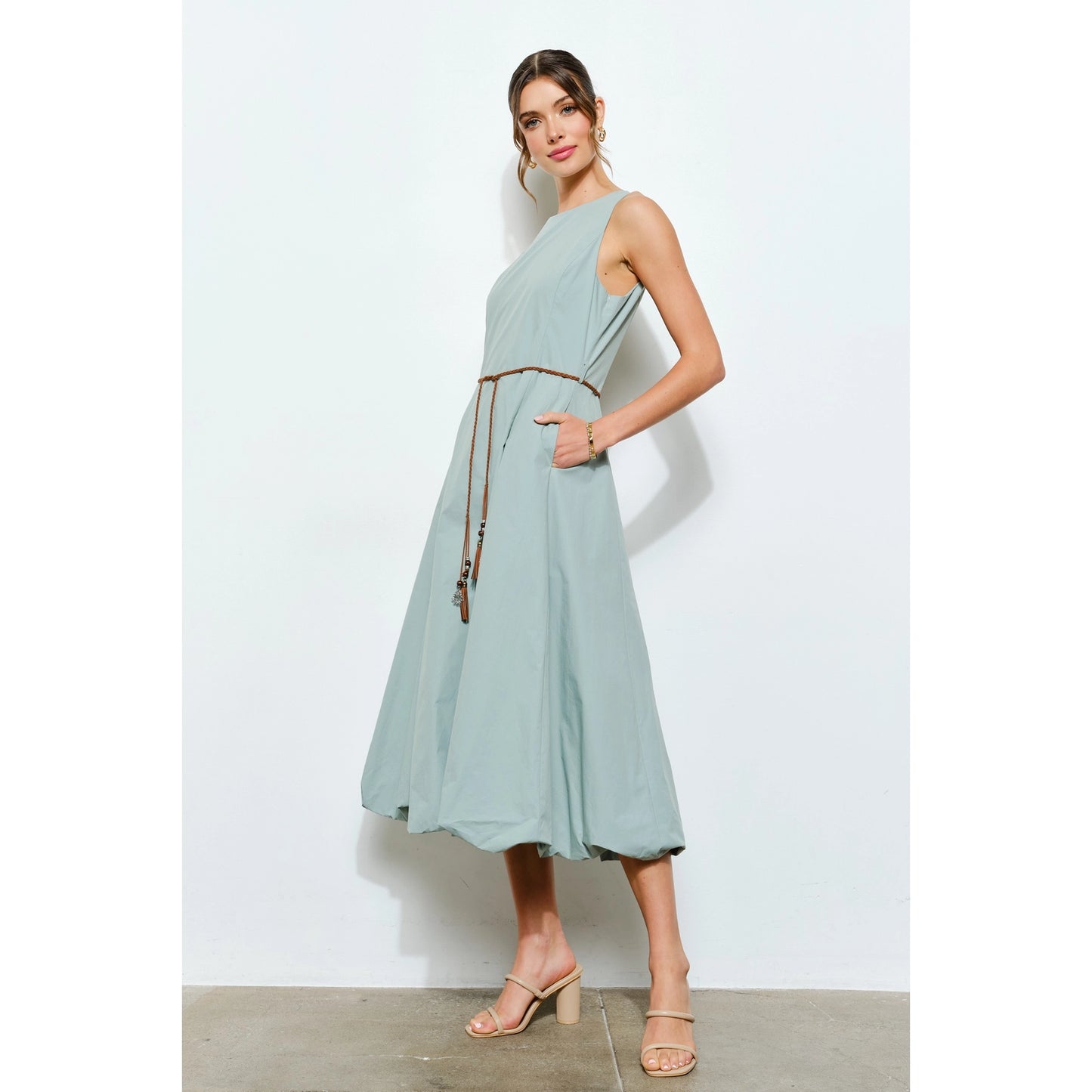 Balloon Hem Cotton Midi Dress with Braided Belt in Mint