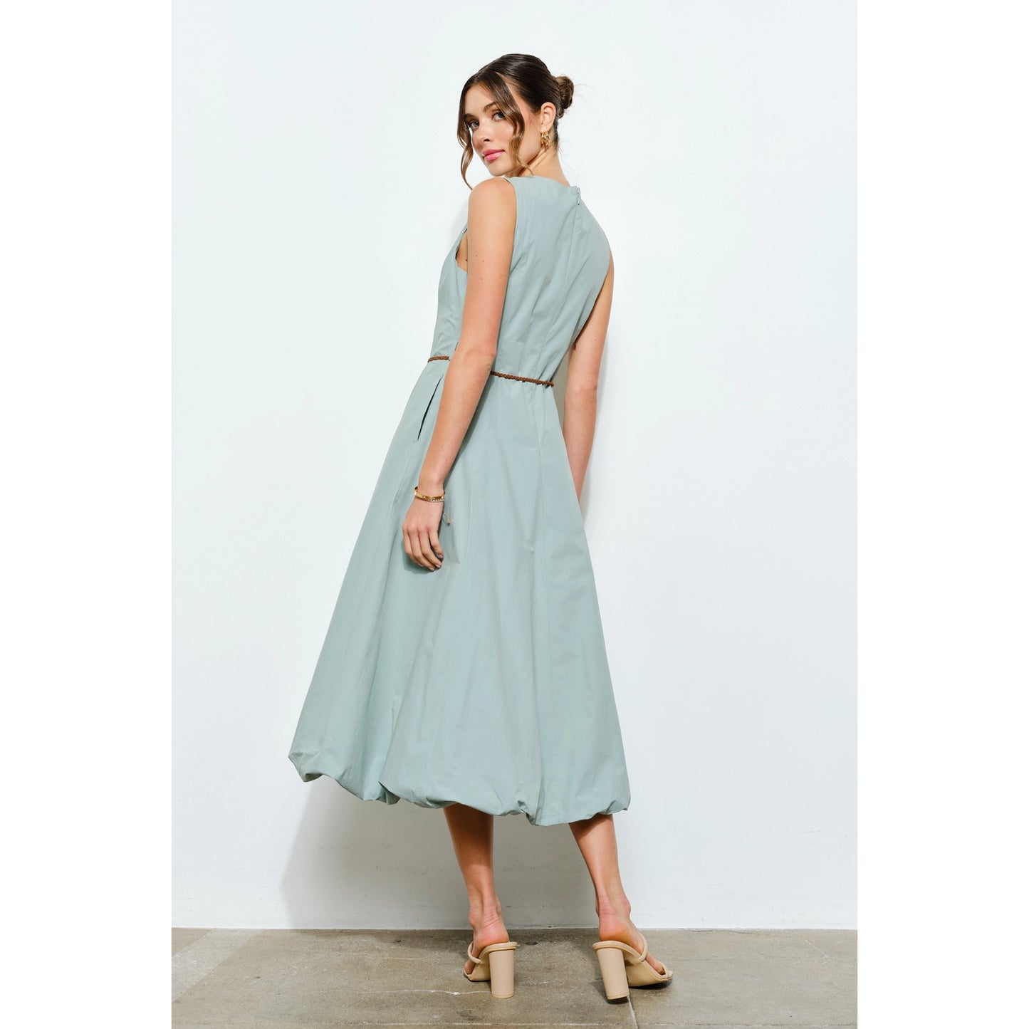 Balloon Hem Cotton Midi Dress with Braided Belt in Mint