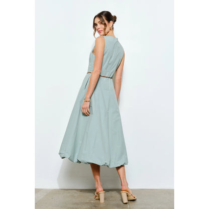 Balloon Hem Cotton Midi Dress with Braided Belt in Mint