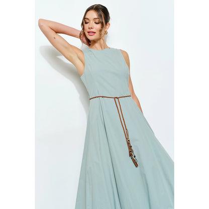 Balloon Hem Cotton Midi Dress with Braided Belt in Mint