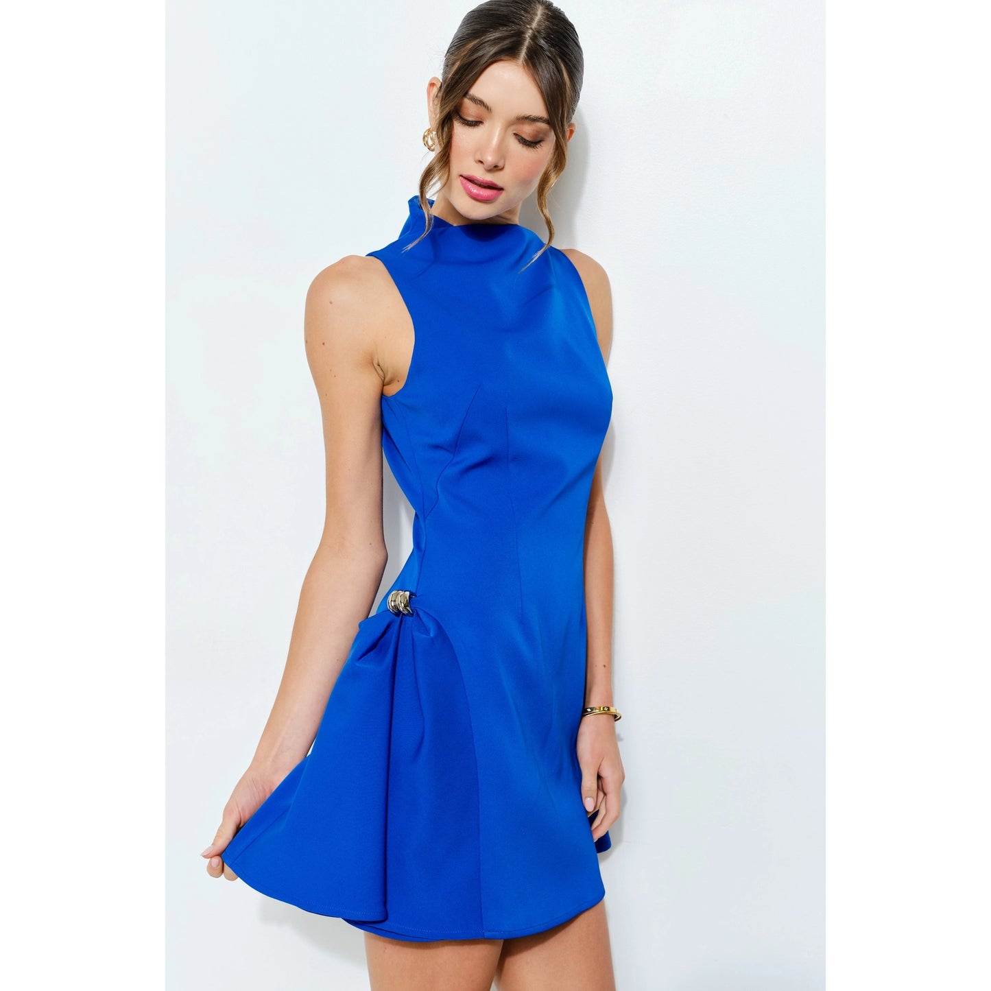 Metal Accent Side-Pleat Sculpted Mini Dress in Blue
