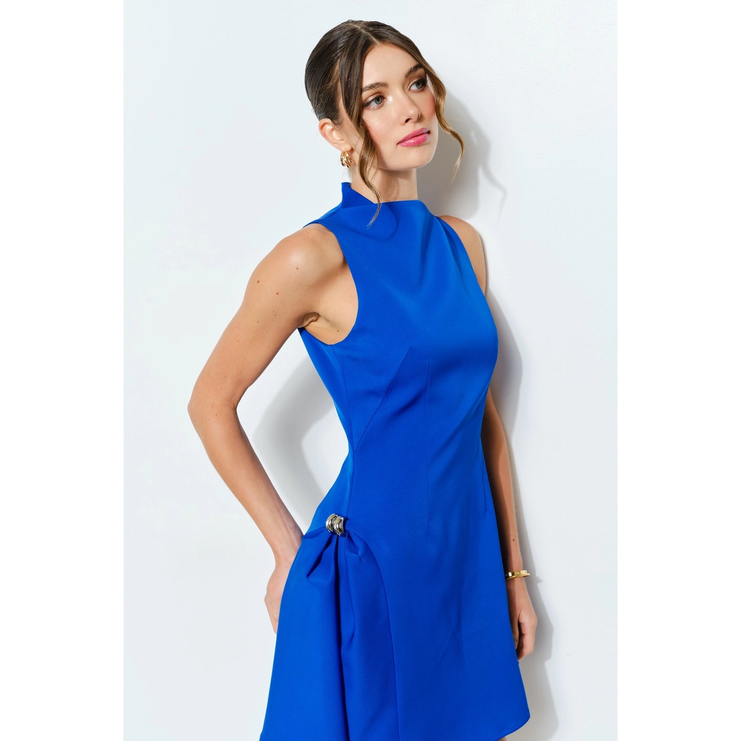 Metal Accent Side-Pleat Sculpted Mini Dress in Blue