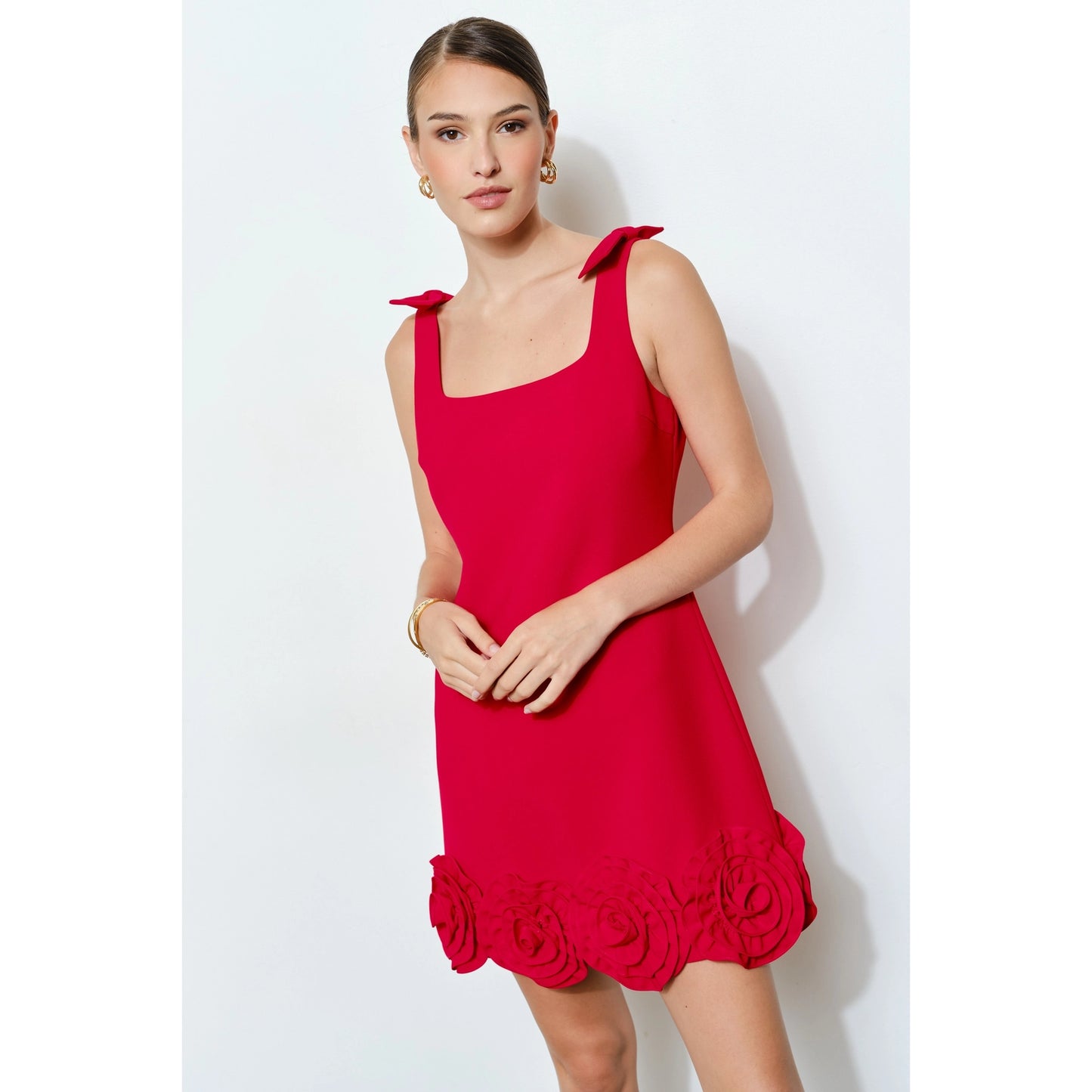 Bow Shoulder Straps Rosette Mini Dress