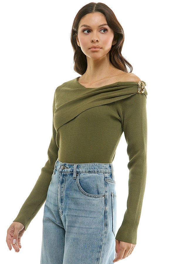 Olive Luxe Off-Shoulder Buckle Knit Top
