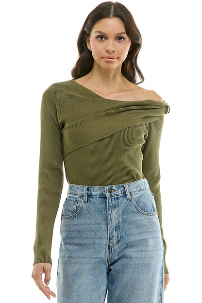 Olive Luxe Off-Shoulder Buckle Knit Top