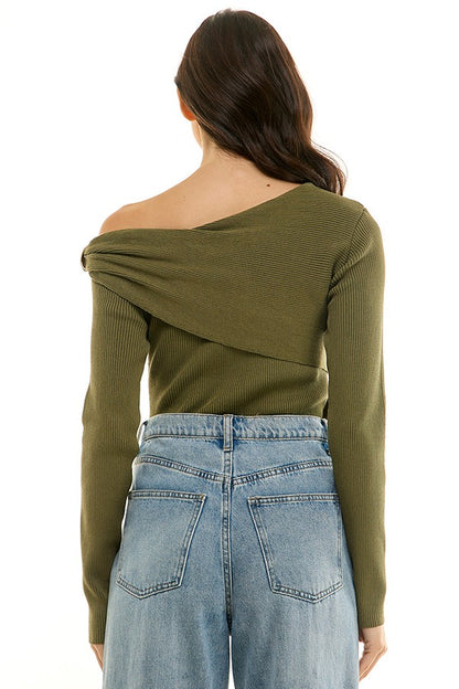 Olive Luxe Off-Shoulder Buckle Knit Top