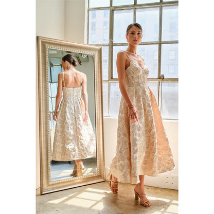 Floral Textured Jacquard Bustier Midi Dress