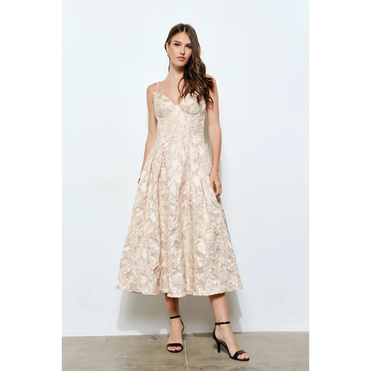Floral Textured Jacquard Bustier Midi Dress