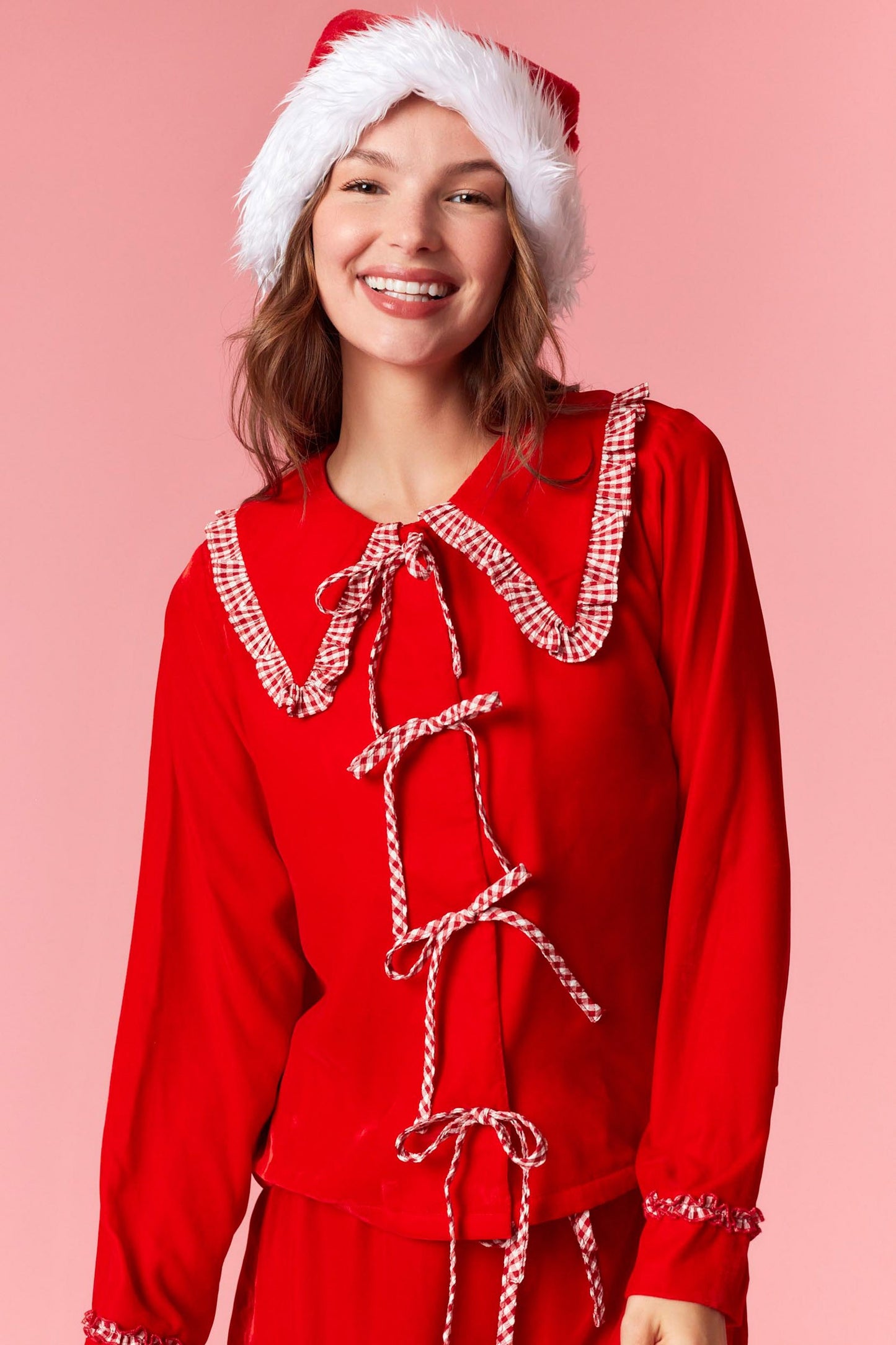 Gingham Ruffle Velvet Bow Pj Set