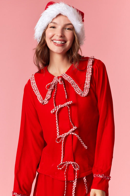 Gingham Ruffle Velvet Bow Pj Set