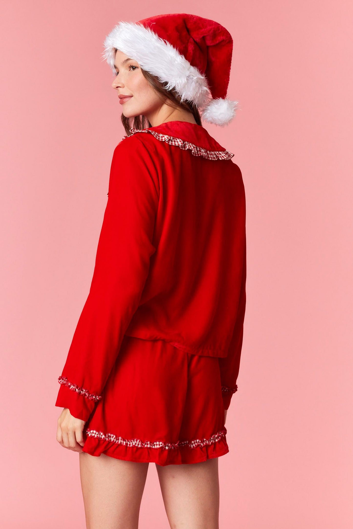 Gingham Ruffle Velvet Bow Pj Set