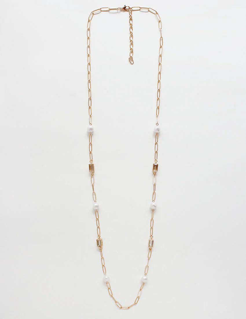 Gold Textured Chain with Clear Crystal and Pearl 32" Necklace