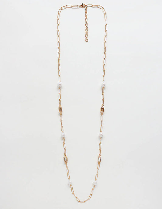 Gold Textured Chain with Clear Crystal and Pearl 32" Necklace