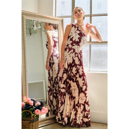 One Shoulder Satin Floral Print Pleated Maxi Dress