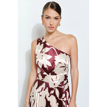 One Shoulder Satin Floral Print Pleated Maxi Dress