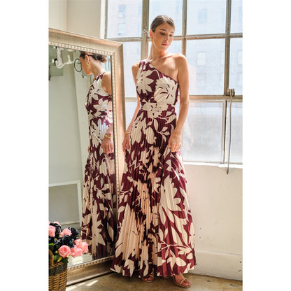One Shoulder Satin Floral Print Pleated Maxi Dress