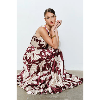 One Shoulder Satin Floral Print Pleated Maxi Dress