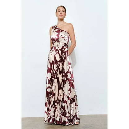 One Shoulder Satin Floral Print Pleated Maxi Dress