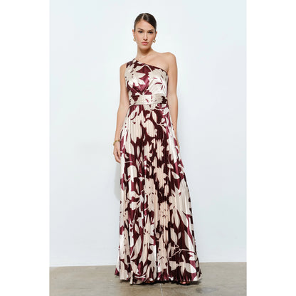 One Shoulder Satin Floral Print Pleated Maxi Dress