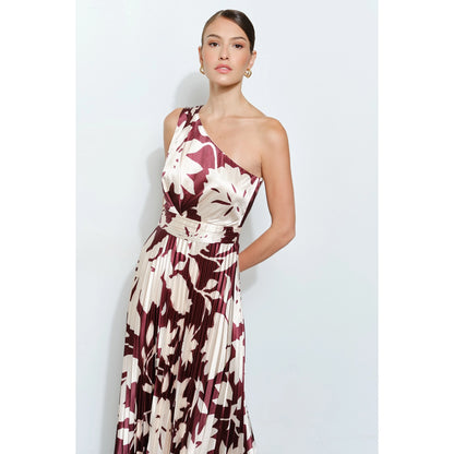 One Shoulder Satin Floral Print Pleated Maxi Dress