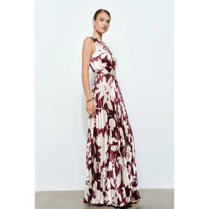 One Shoulder Satin Floral Print Pleated Maxi Dress