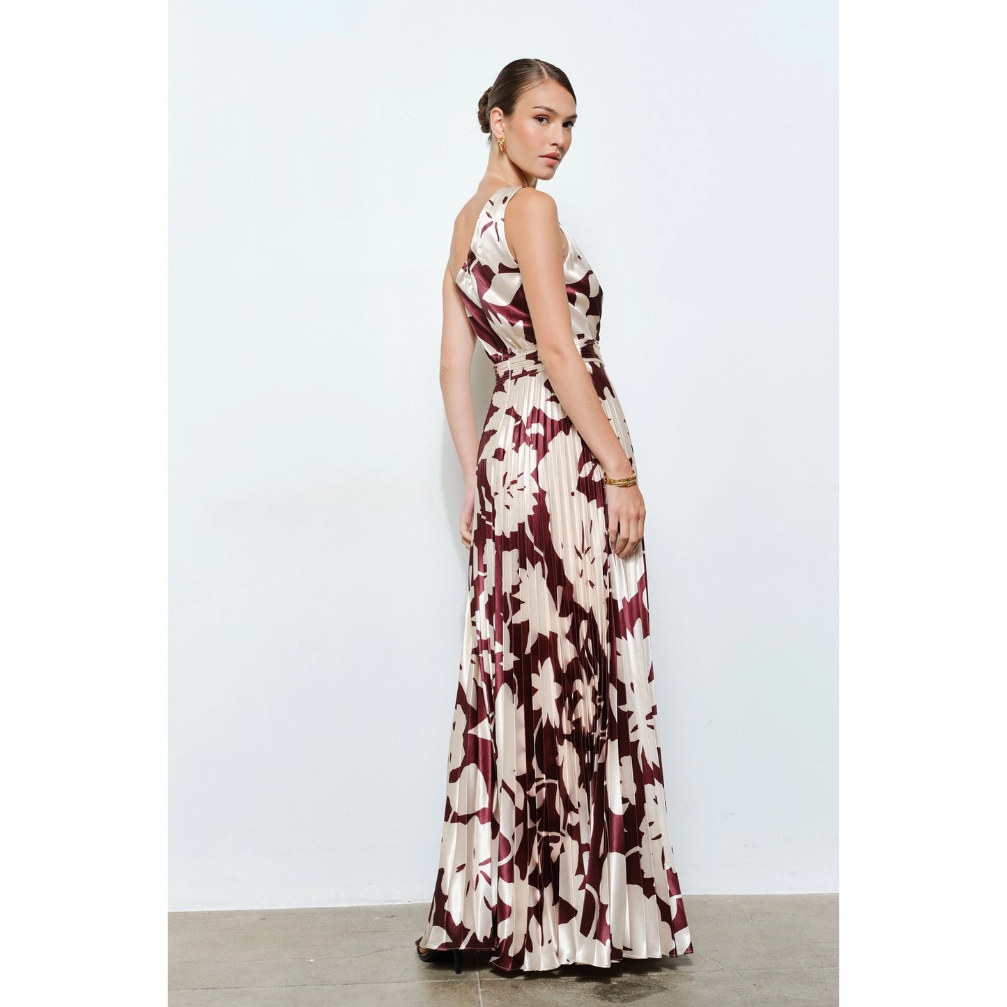 One Shoulder Satin Floral Print Pleated Maxi Dress