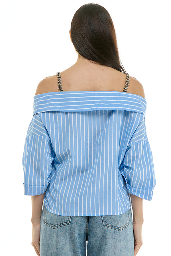 Off-Shoulder Striped Button-Up Top