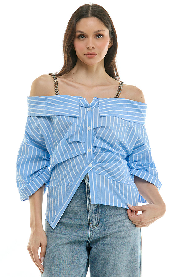 Off-Shoulder Striped Button-Up Top