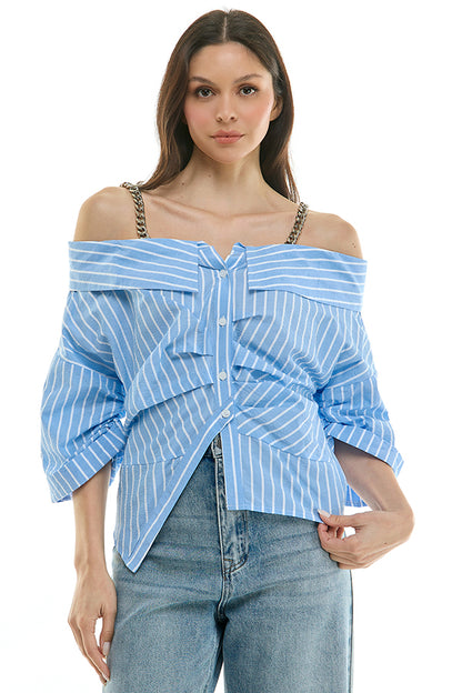 Off-Shoulder Striped Button-Up Top