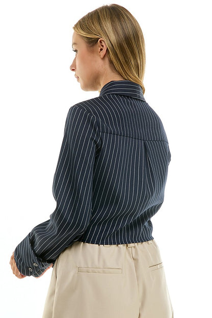 Navy Pinstripe Cropped Button-Up with Tie