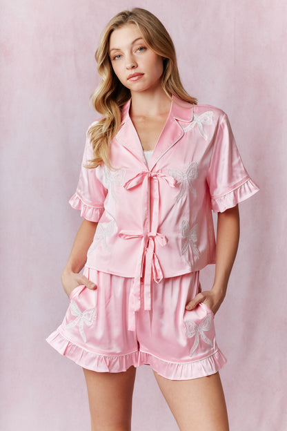 Lace Laser Cut Embroidery Satin Pajama Set