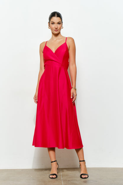 Satin Tie-Back Cross Strap Midi Dress