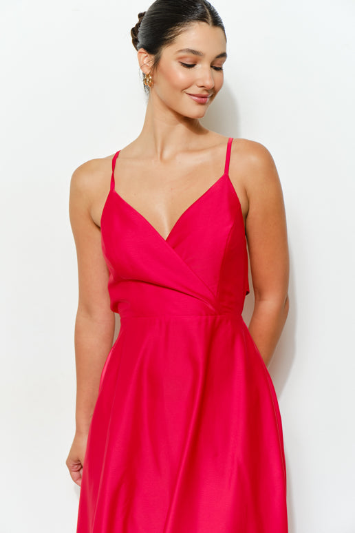 Satin Tie-Back Cross Strap Midi Dress