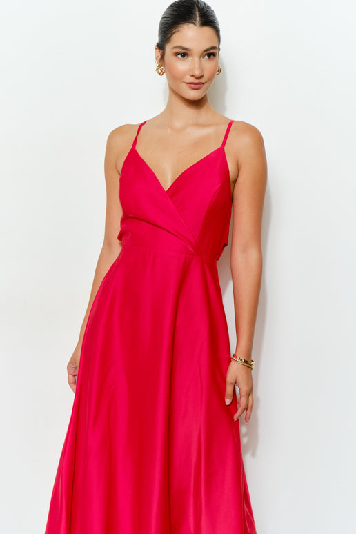 Satin Tie-Back Cross Strap Midi Dress