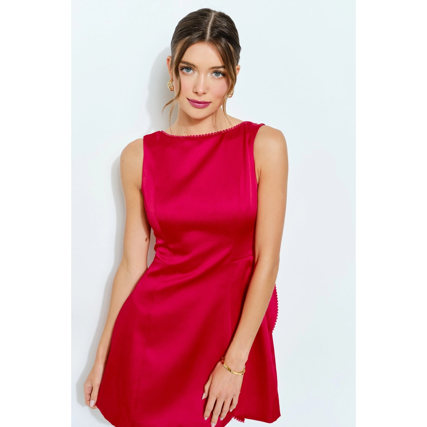 Sleeveless Pearl Trim Bow-Back Mini Dress