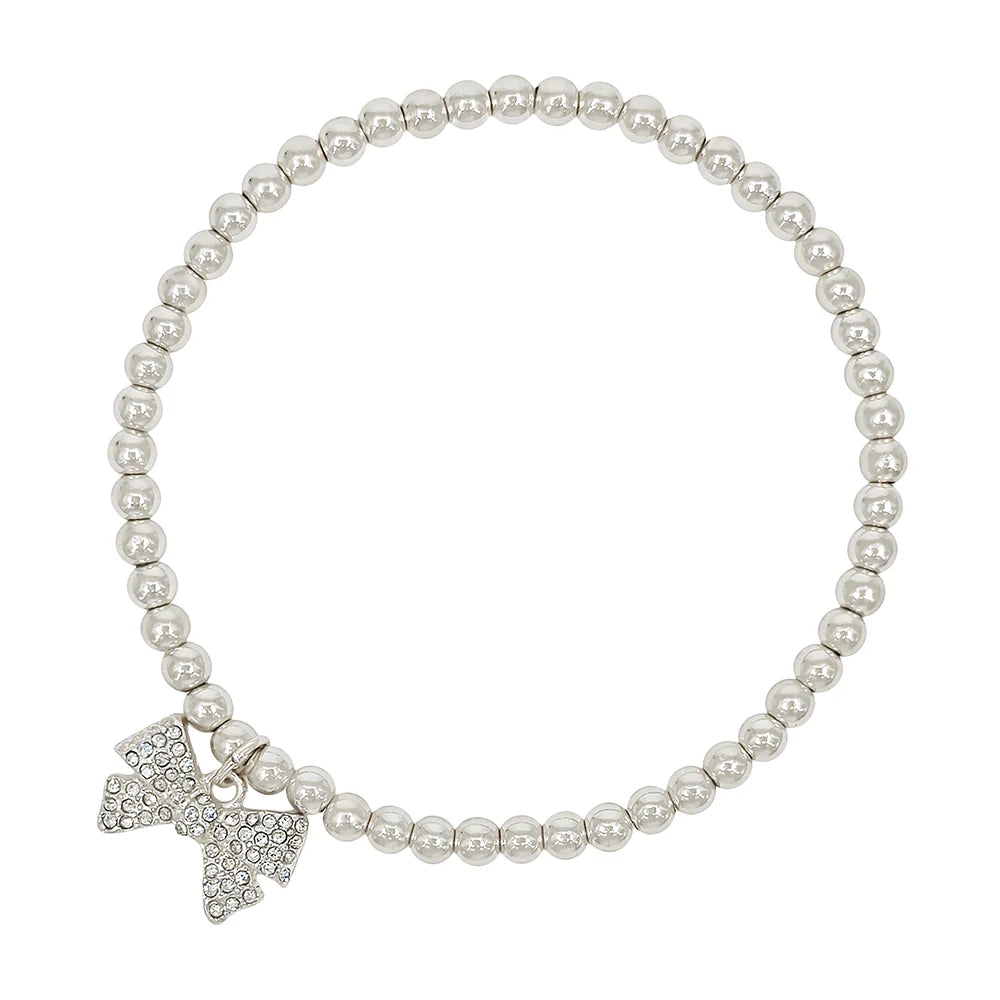 4mm Silver Beaded Stretch Bracelets with Silver Rhinestone Bow Charm