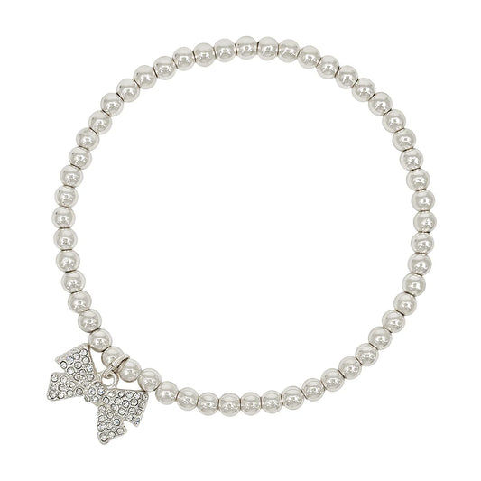 4mm Silver Beaded Stretch Bracelets with Silver Rhinestone Bow Charm