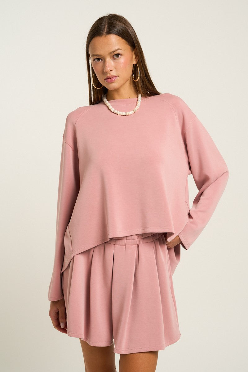 Ultra Soft Pleated Back Long Sleeve Top in Pink
