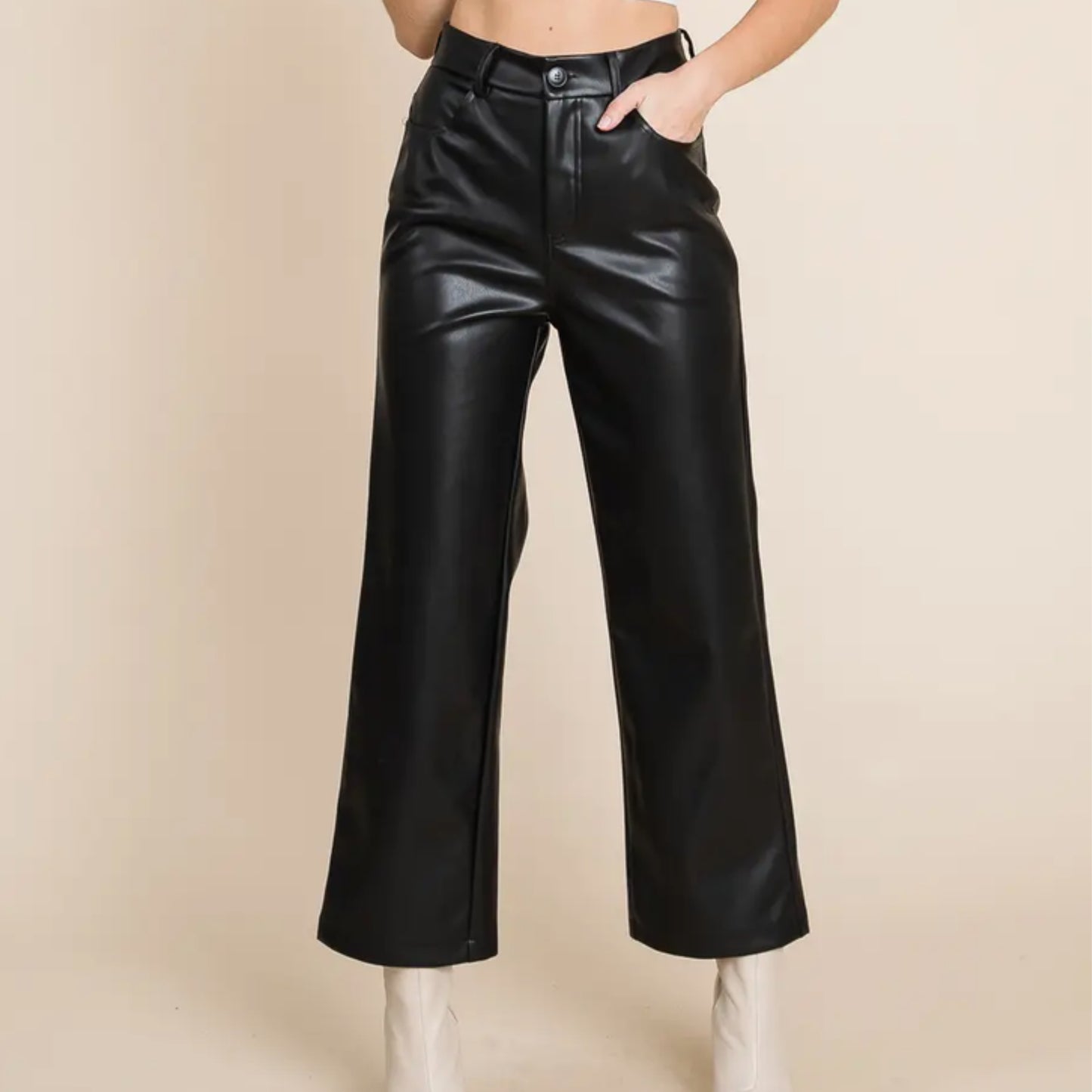 Wide Leg Fleece Faux Leather Pants