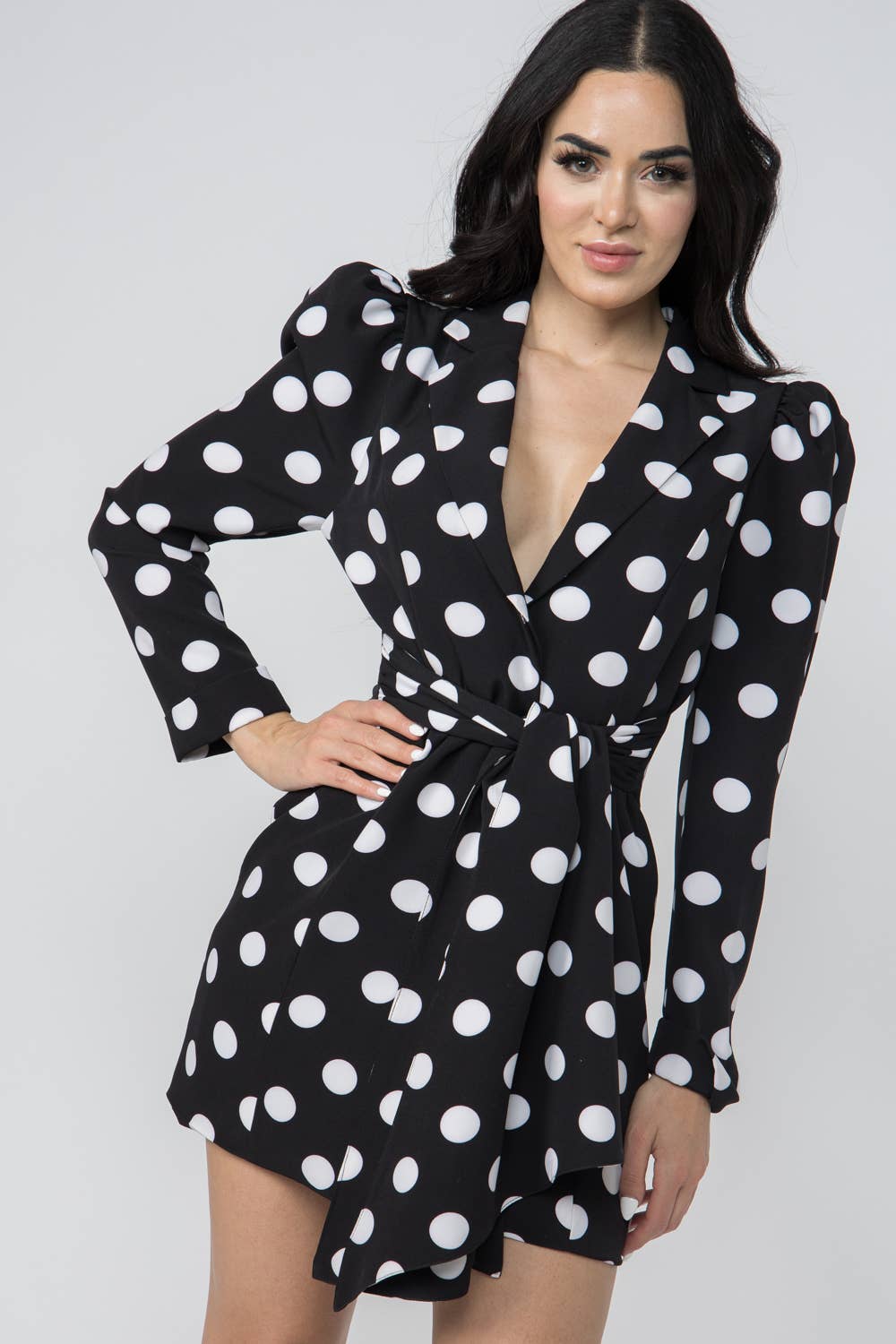 Polka Dot Front Tie Puff Sleeve Mini Dress