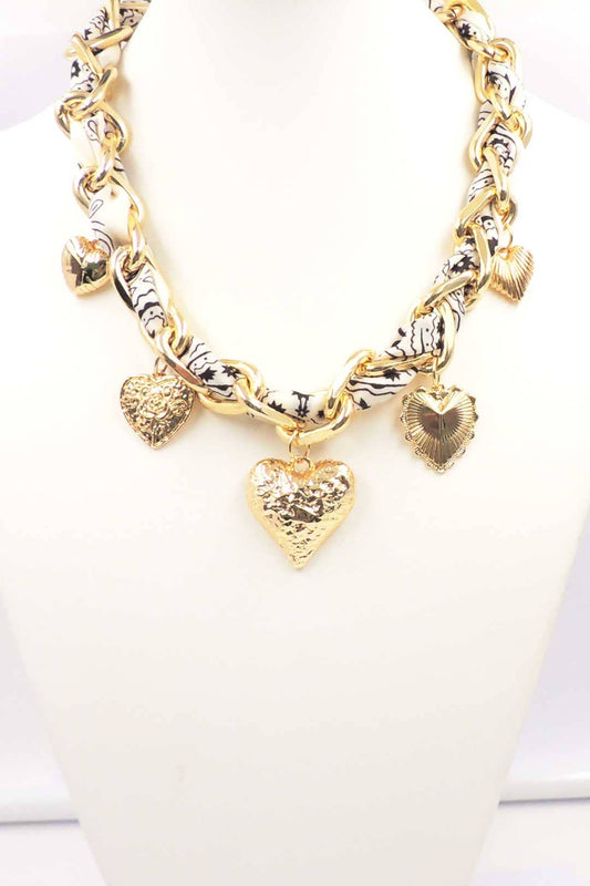 Gold Link Chain with White and Black Scarf Wrapped Charm Necklace
