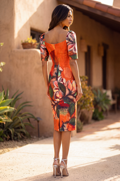 Floral Print Midi Sheath Cocktail Dress