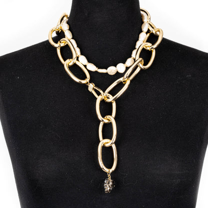 Gold Chain & Pearl Necklace with Crystal Drop Pendant