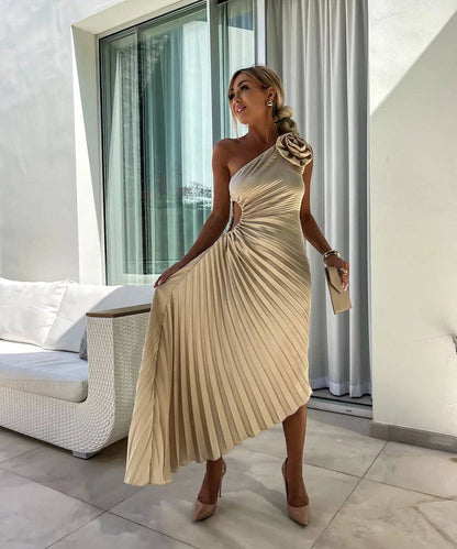 Asymmetric Shoulder Pleated Gown