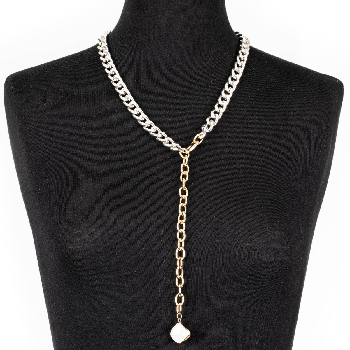 Two-Tone Chain Necklace with Pearl Drop